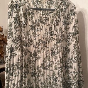 Max Studio Pleated Floral Long-Sleeve Top - Green on Cream
